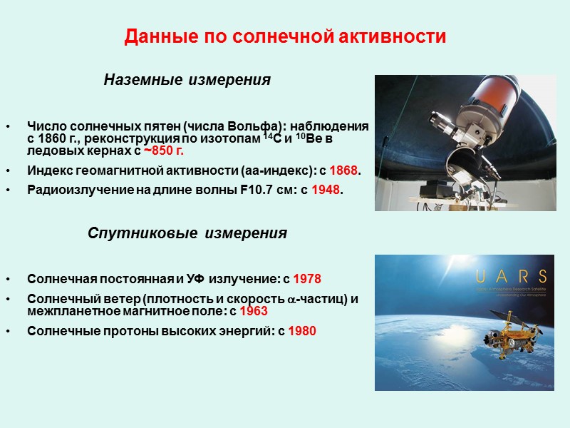 Данные по солнечной активности Наземные измерения   Число солнечных пятен (числа Вольфа): наблюдения